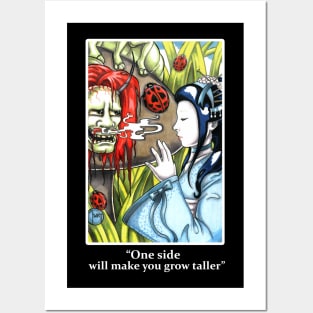 Japanese Alice in Wonderland and Caterpillar - One Side Makes You Grow Taller - White Outlined Version Posters and Art